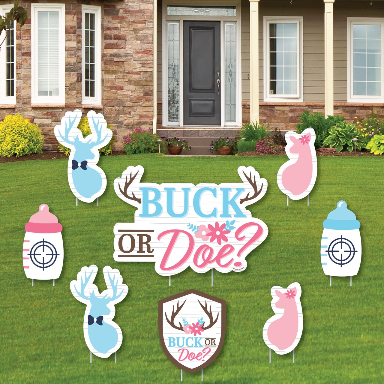 Big Dot of Happiness Buck or Doe - Yard Sign and Outdoor Lawn Decorations - Hunting Gender Reveal Party Yard Signs - Set of 8